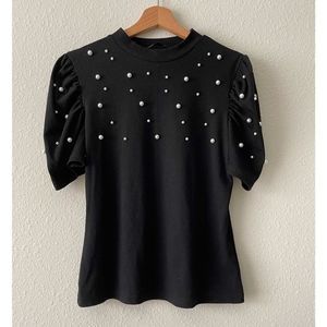 Shein Curve Black Top with Puffed Sleeve with raised pearl design size XL